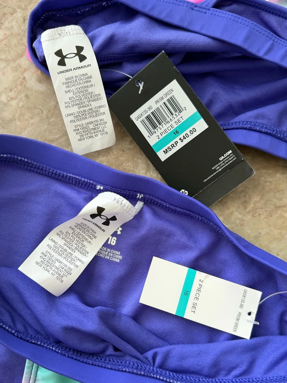 UNDER ARMOUR Girl's Size 16 two pieces Polka Party Blur Racer Bikini Purple Pin